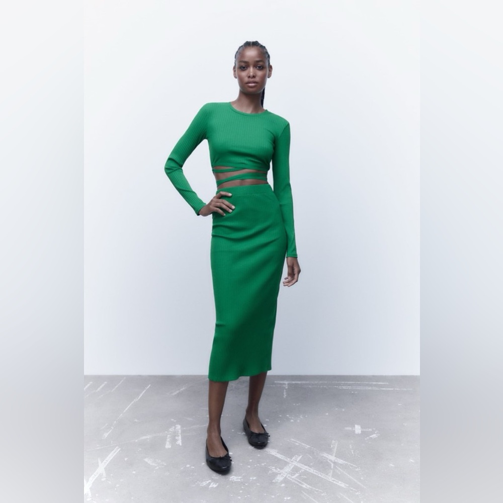 Zara Green Ribbed Two-Piece Skirt Set